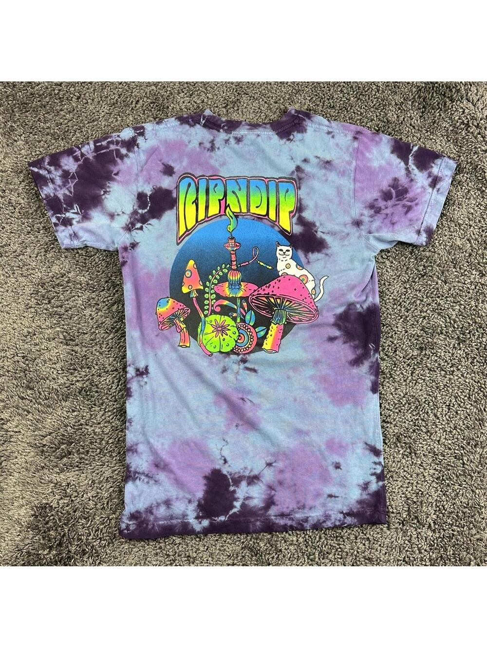 RIPNDIP Shirt Mens Purple Tie Dye Mushroom Hookah Cat Lord Nermal Pocket Tee S